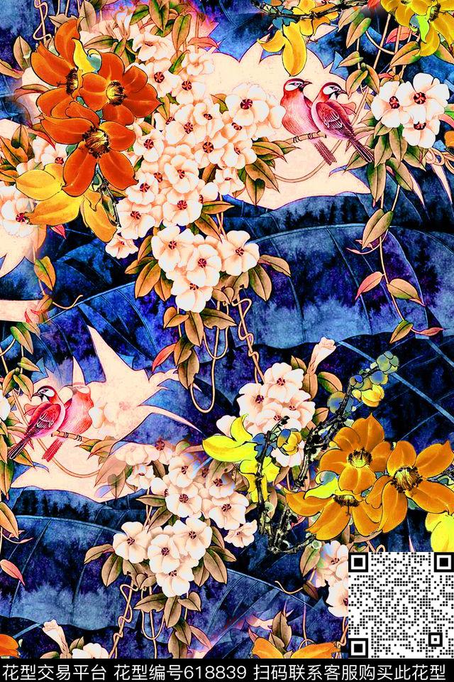 花卉丛林工笔画数码印花华亿平台下载（图片编号: 618839） - 瓦栏（Walan）