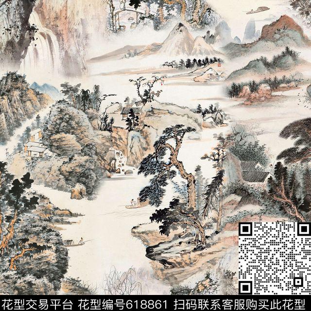 此华亿平台为1/2跳接国画民族风数码印花华亿平台下载（图片编号: 618861） - 瓦栏（Walan）