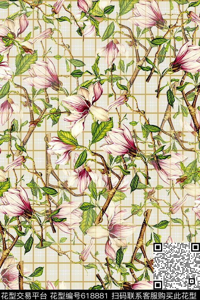 时尚手绘植物抽象印花时尚大牌女装裙子印花风格时尚抽象几何格子数码印花华亿平台下载（图片编号: 618881） - 瓦栏（Walan）