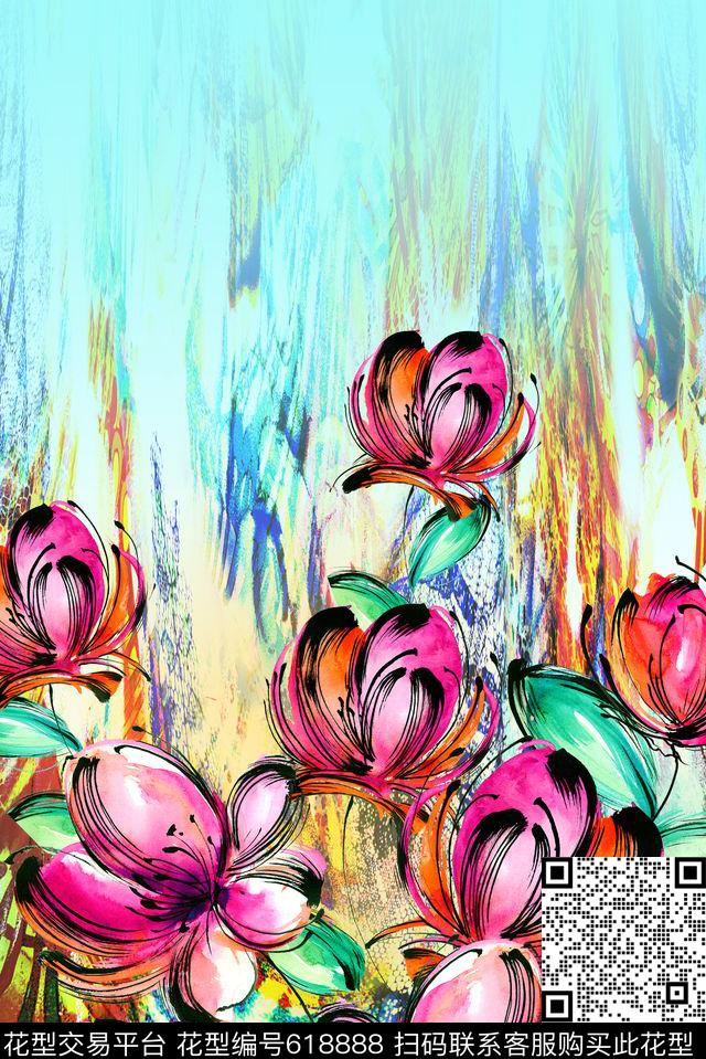 手绘花水彩花卉数码印花华亿平台下载（图片编号: 618888） - 瓦栏（Walan）
