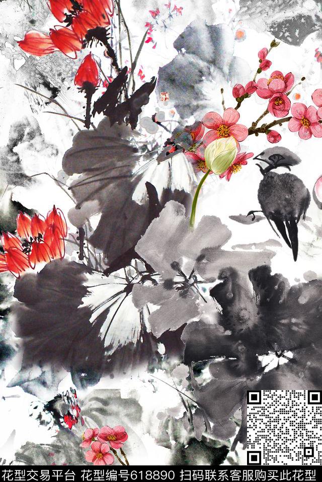 花卉荷花水墨数码印花华亿平台下载（图片编号: 618890） - 瓦栏（Walan）