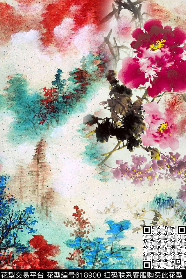 水墨牡丹水墨底纹国画数码印花华亿平台下载（图片编号: 618900） - 瓦栏（Walan）