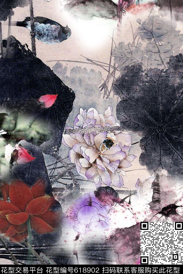 荷花工笔花鸟数码印花华亿平台下载（图片编号: 618902） - 瓦栏（Walan）