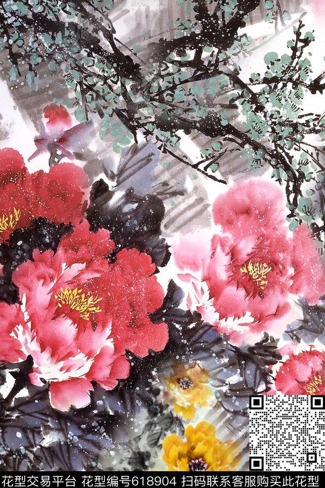 水墨牡丹国画旗袍数码印花华亿平台下载（图片编号: 618904） - 瓦栏（Walan）