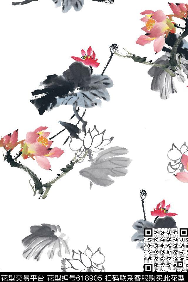淡雅荷花水墨旗袍数码印花华亿平台下载（图片编号: 618905） - 瓦栏（Walan）
