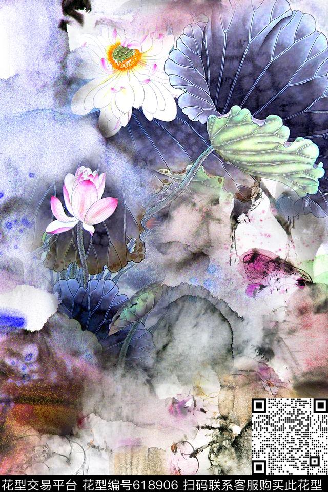 水墨荷花工笔水彩底纹数码印花华亿平台下载（图片编号: 618906） - 瓦栏（Walan）