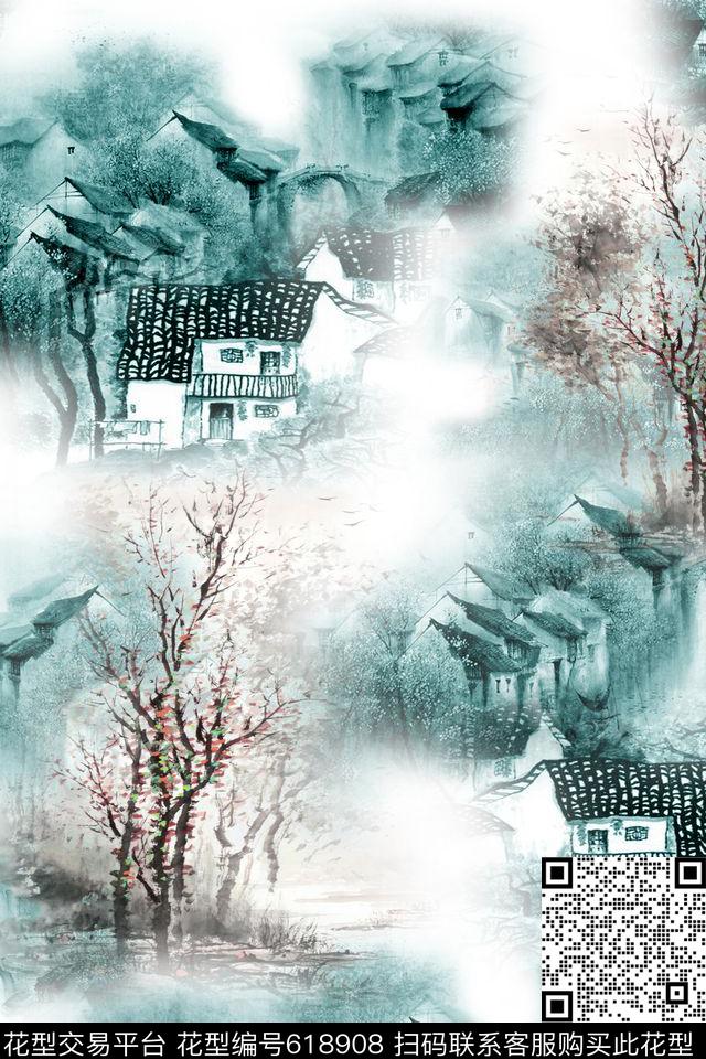 水墨民居风景树林数码印花华亿平台下载（图片编号: 618908） - 瓦栏（Walan）