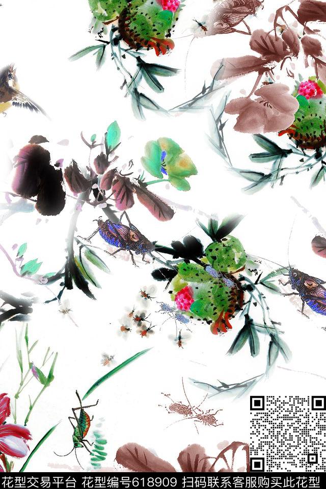 水墨花卉叶子国画数码印花华亿平台下载（图片编号: 618909） - 瓦栏（Walan）