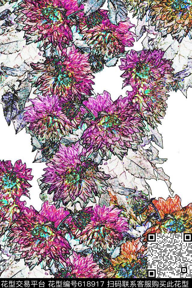 潮流时尚花朵花卉数码印花华亿平台下载（图片编号: 618917） - 瓦栏（Walan）