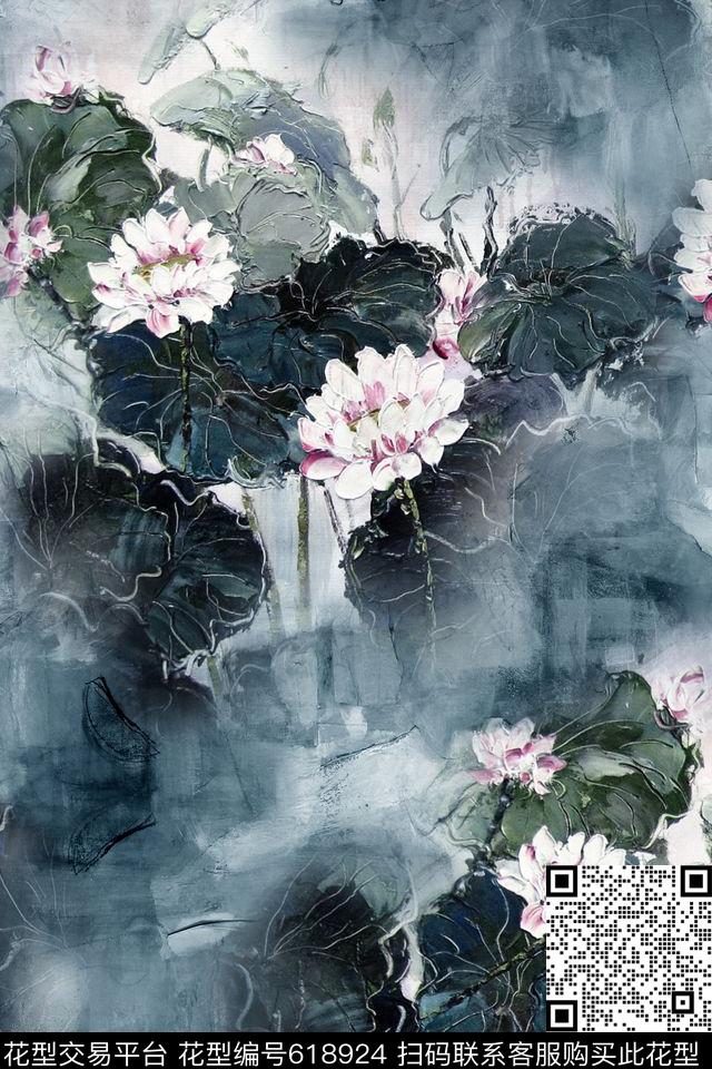油画底纹油画荷花连衣裙数码印花华亿平台下载（图片编号: 618924） - 瓦栏（Walan）