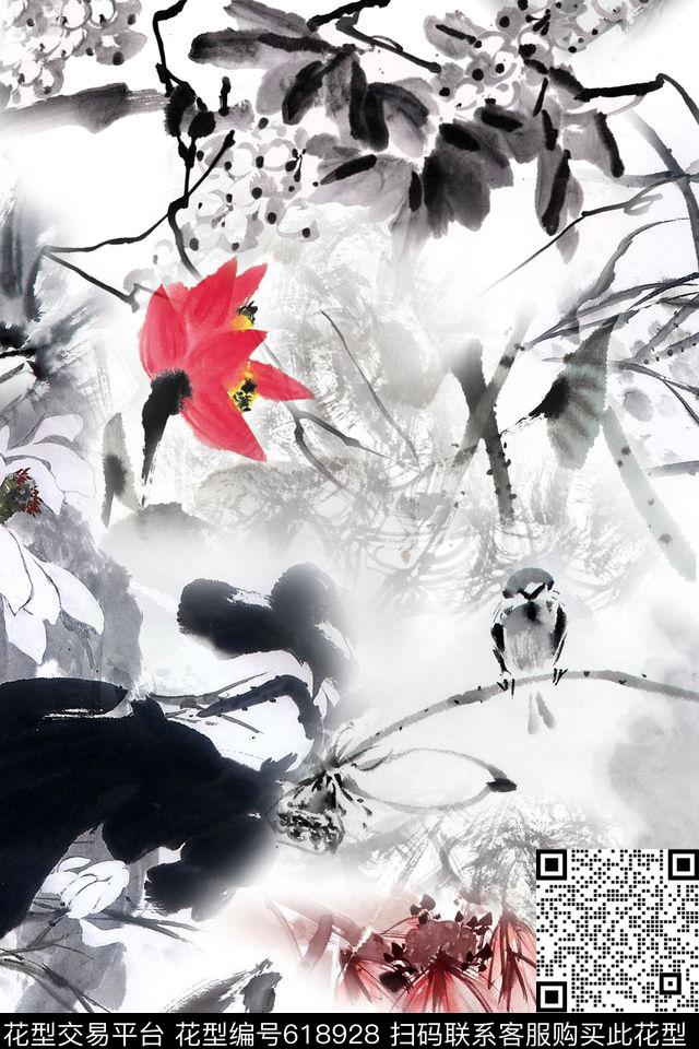 水墨荷花国画中国风数码印花华亿平台下载（图片编号: 618928） - 瓦栏（Walan）