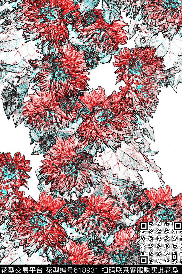 潮流时尚花朵花卉数码印花华亿平台下载（图片编号: 618931） - 瓦栏（Walan）