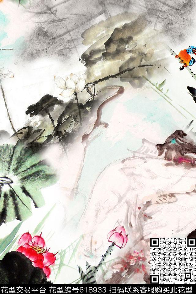 抽象荷花水墨底纹数码印花华亿平台下载（图片编号: 618933） - 瓦栏（Walan）