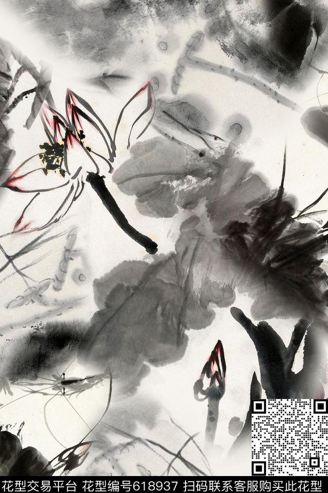 水墨荷花国画绘画数码印花华亿平台下载（图片编号: 618937） - 瓦栏（Walan）