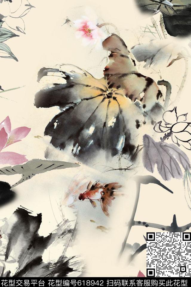 水墨荷花旗袍中国风数码印花华亿平台下载（图片编号: 618942） - 瓦栏（Walan）