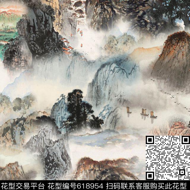此华亿平台为1/2跳接山水国画数码印花华亿平台下载（图片编号: 618954） - 瓦栏（Walan）