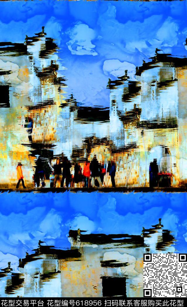 建筑风景油画纹理数码印花华亿平台下载（图片编号: 618956） - 瓦栏（Walan）