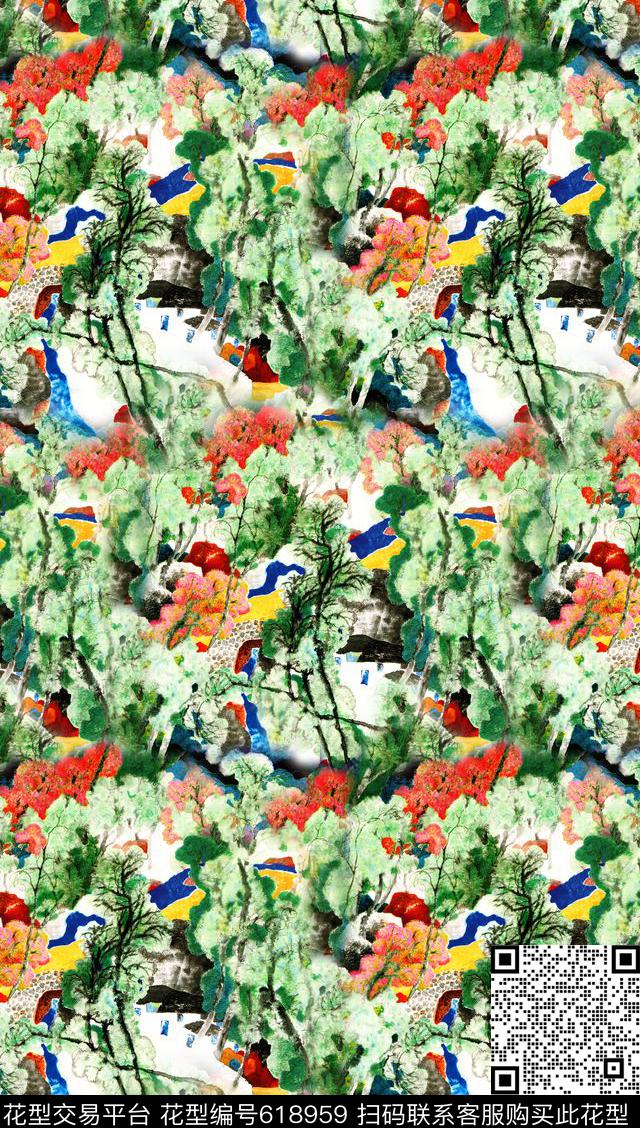 旗袍满版花卉中老年数码印花华亿平台下载（图片编号: 618959） - 瓦栏（Walan）