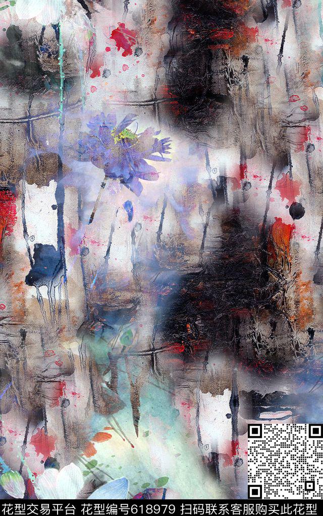 时尚手绘荷花中国风印花抽象纹理水墨画印花时尚大牌女装裙子印花数码印花华亿平台下载（图片编号: 618979） - 瓦栏（Walan）