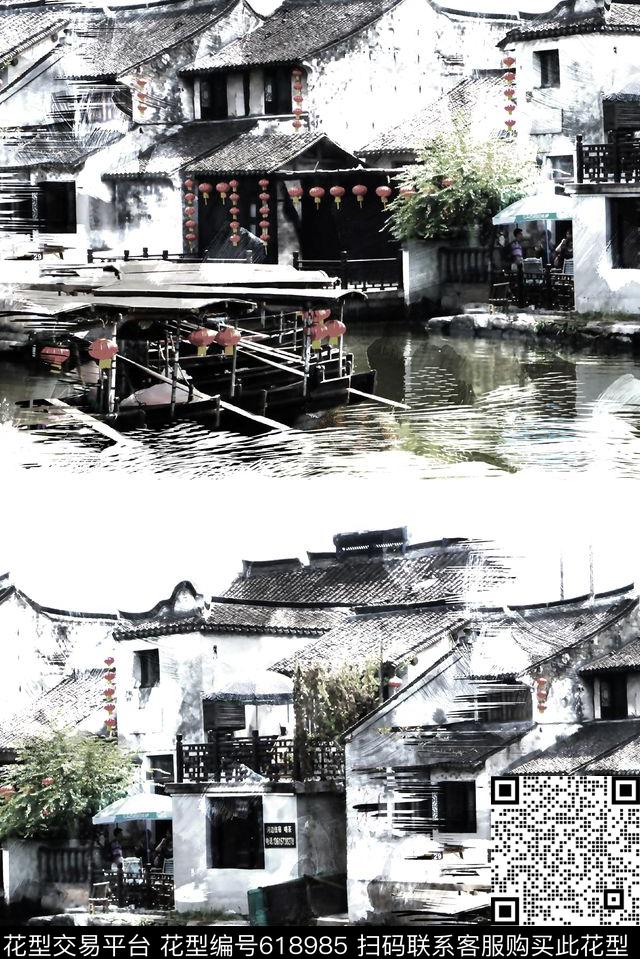 中国风建筑风景水墨画数码印花华亿平台下载（图片编号: 618985） - 瓦栏（Walan）