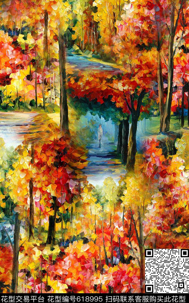 油画粗笔树林数码印花华亿平台下载（图片编号: 618995） - 瓦栏（Walan）