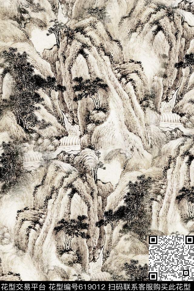 民族风国画山水画数码印花华亿平台下载（图片编号: 619012） - 瓦栏（Walan）