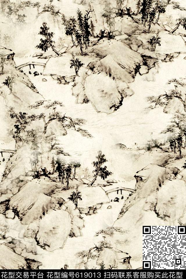 国画复古山水数码印花华亿平台下载（图片编号: 619013） - 瓦栏（Walan）
