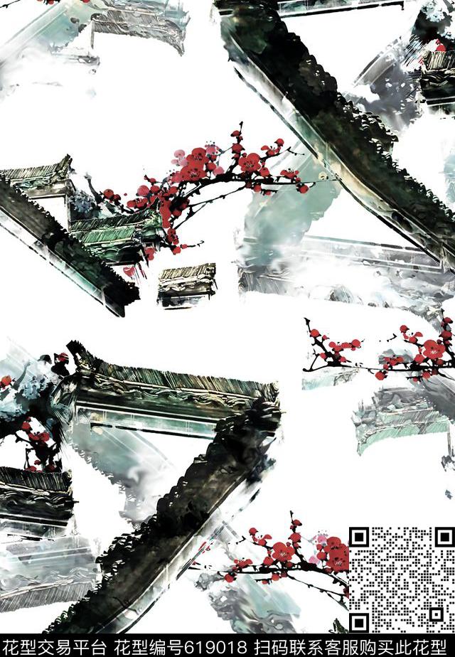 抽象手绘满版最新高清数码时尚潮流大牌复古欧美风中国风水墨画风景建筑数码印花华亿平台下载（图片编号: 619018） - 瓦栏（Walan）