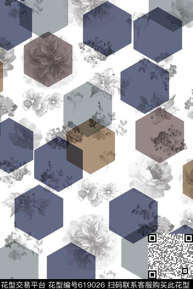 几何格子花卉数码印花华亿平台下载（图片编号: 619026） - 瓦栏（Walan）