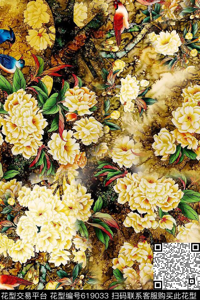 大花花卉牡丹数码印花华亿平台下载（图片编号: 619033） - 瓦栏（Walan）