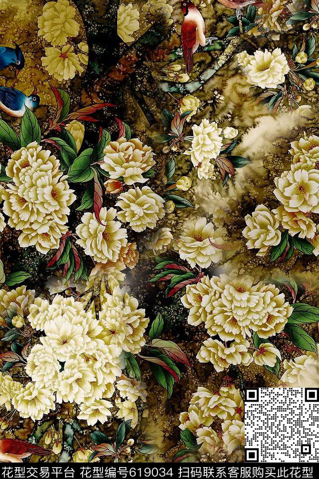 大花花卉牡丹数码印花华亿平台下载（图片编号: 619034） - 瓦栏（Walan）