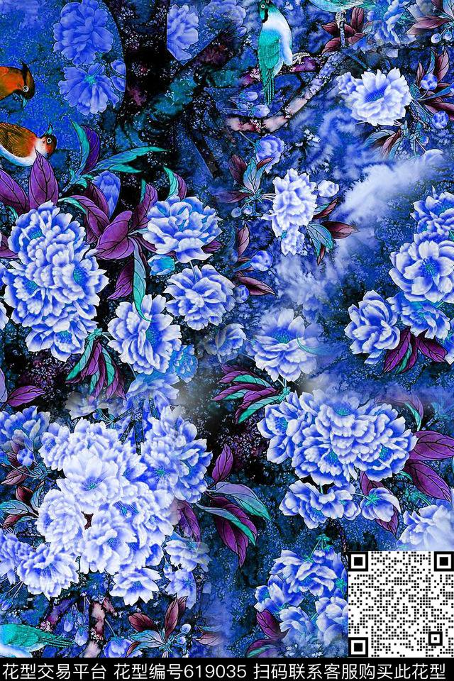 大花花卉牡丹数码印花华亿平台下载（图片编号: 619035） - 瓦栏（Walan）