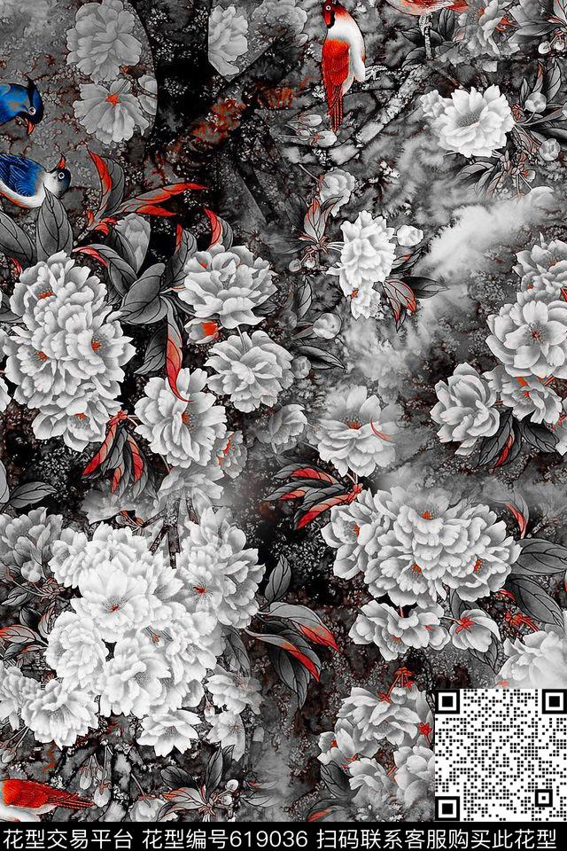 大花花卉牡丹数码印花华亿平台下载（图片编号: 619036） - 瓦栏（Walan）