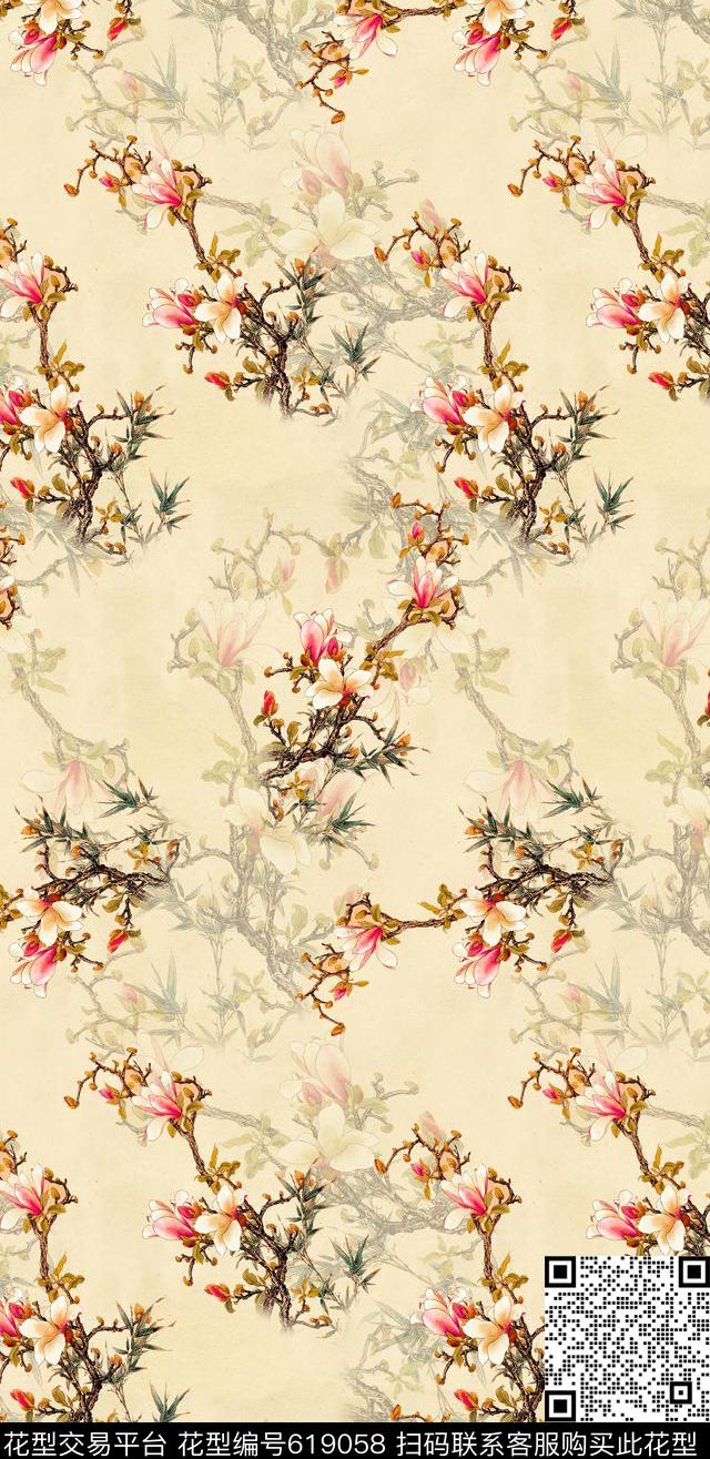 旗袍满版花卉数码印花华亿平台下载（图片编号: 619058） - 瓦栏（Walan）