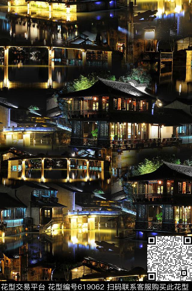 抽象水彩风景数码印花华亿平台下载（图片编号: 619062） - 瓦栏（Walan）