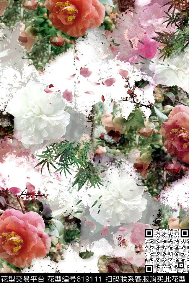 花卉中国风茶花芙蓉数码印花华亿平台下载（图片编号: 619111） - 瓦栏（Walan）