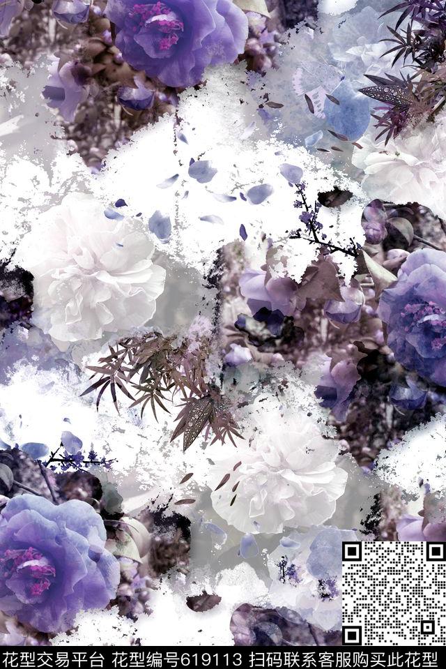 花卉中国风茶花芙蓉数码印花华亿平台下载（图片编号: 619113） - 瓦栏（Walan）