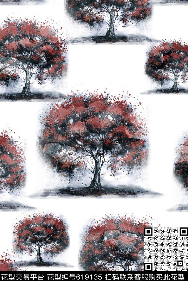 抽象手绘满版最新高清数码时尚潮流大牌复古欧美风树风景水墨画数码印花华亿平台下载（图片编号: 619135） - 瓦栏（Walan）