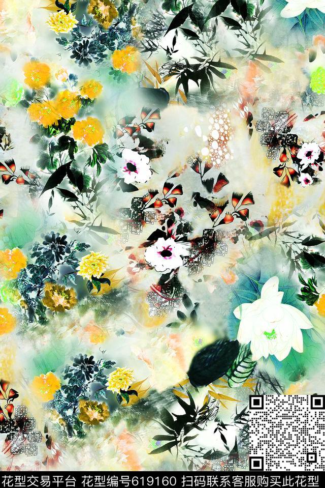 花卉中国风水墨数码印花华亿平台下载（图片编号: 619160） - 瓦栏（Walan）