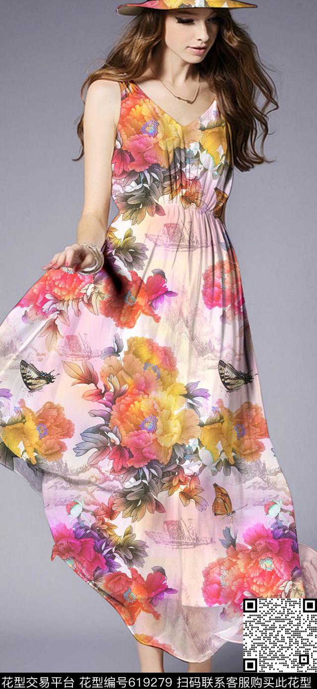 牡丹玫瑰中国画数码印花华亿平台下载（图片编号: 619279） - 瓦栏（Walan）