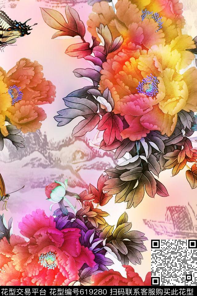牡丹玫瑰中国画数码印花华亿平台下载（图片编号: 619280） - 瓦栏（Walan）