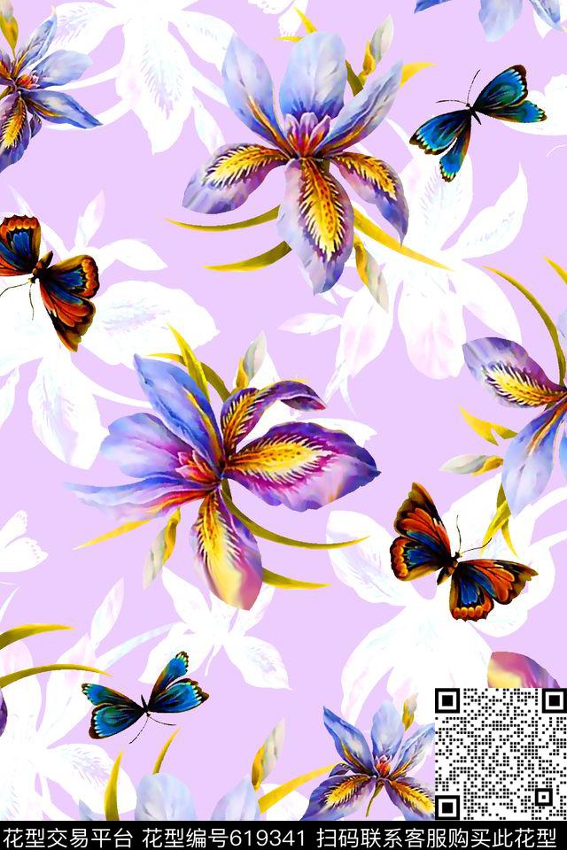 抽象手绘满版最新高清数码时尚潮流大牌复古欧美风水彩花卉清爽女装花蝴蝶数码印花华亿平台下载（图片编号: 619341） - 瓦栏（Walan）