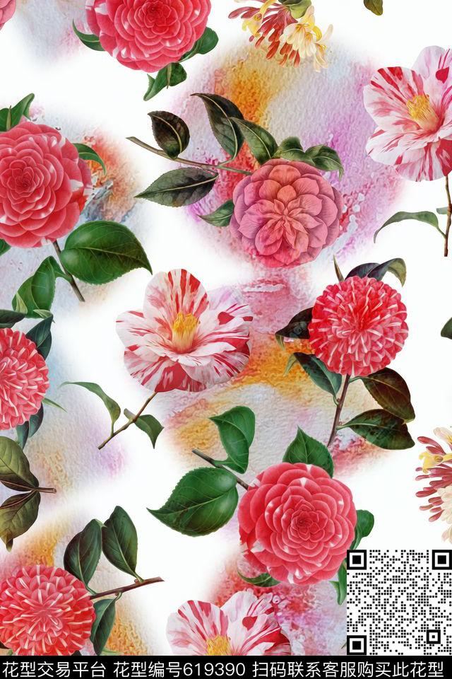 时尚手绘水彩数码印花华亿平台下载（图片编号: 619390） - 瓦栏（Walan）
