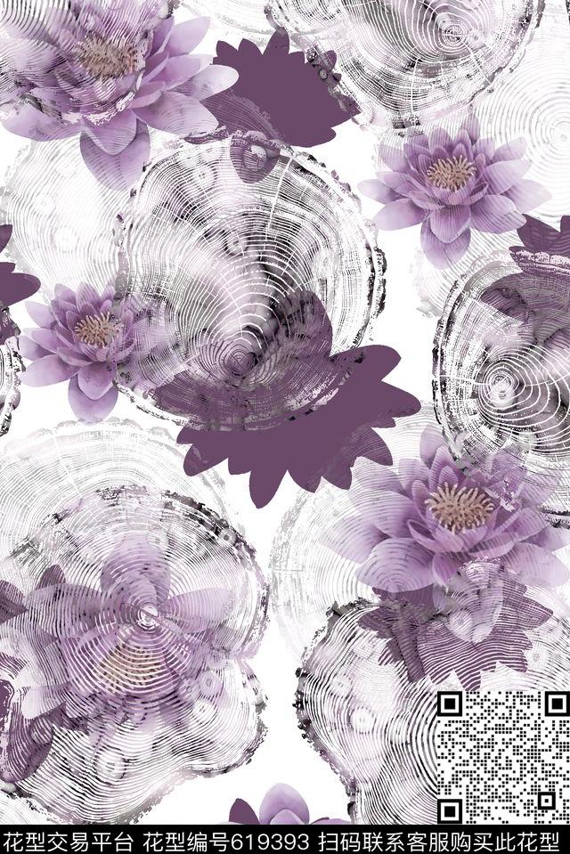 抽象手绘满版最新高清数码时尚潮流大牌复古欧美风中国风水墨荷花水墨纹理数码印花华亿平台下载（图片编号: 619393） - 瓦栏（Walan）
