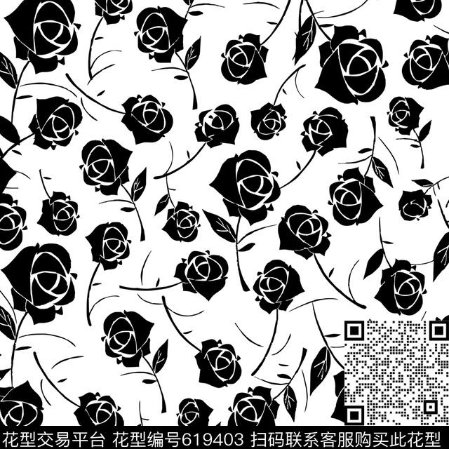 黑白玫瑰花朵传统印花华亿平台下载（图片编号: 619403） - 瓦栏（Walan）