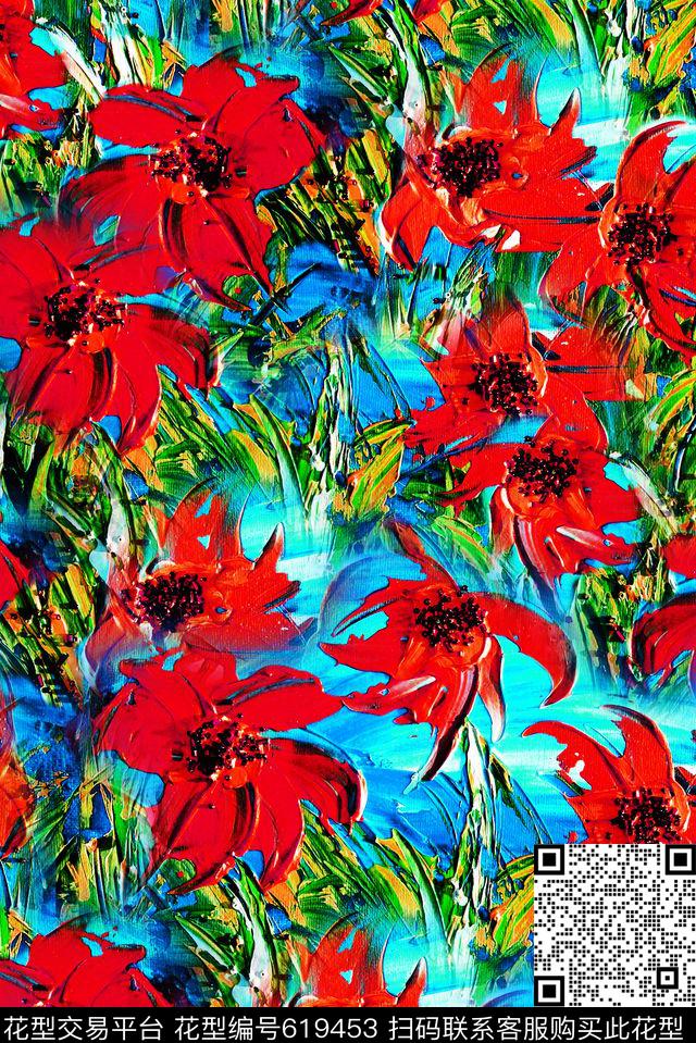 手绘花朵花卉数码印花华亿平台下载（图片编号: 619453） - 瓦栏（Walan）