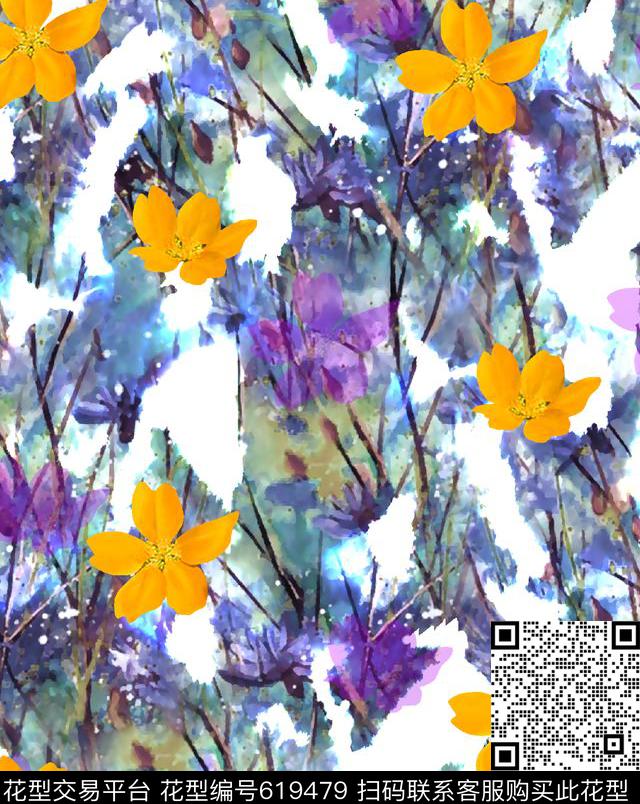 抽象手绘满版最新高清数码时尚潮流大牌复古欧美风小花卉水彩底纹花卉数码印花华亿平台下载（图片编号: 619479） - 瓦栏（Walan）
