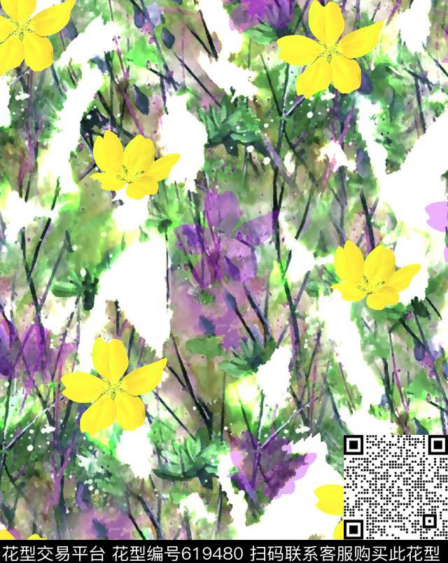 抽象手绘满版最新高清数码时尚潮流大牌复古欧美风小花卉水彩底纹花卉数码印花华亿平台下载（图片编号: 619480） - 瓦栏（Walan）