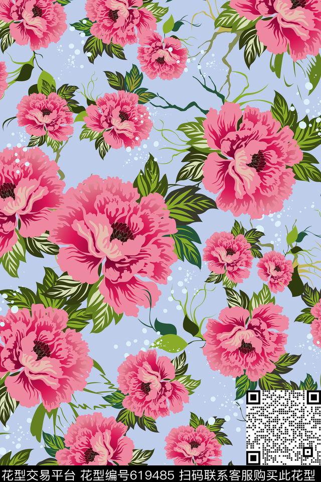 韩版花卉大花手绘花卉传统印花华亿平台下载（图片编号: 619485） - 瓦栏（Walan）