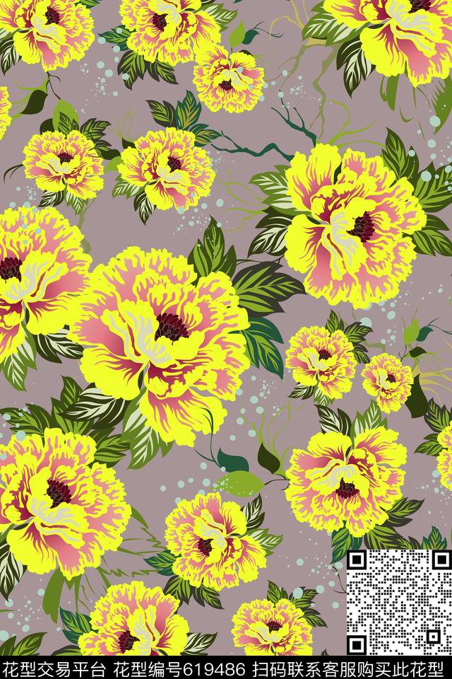韩版花卉大花手绘花卉传统印花华亿平台下载（图片编号: 619486） - 瓦栏（Walan）